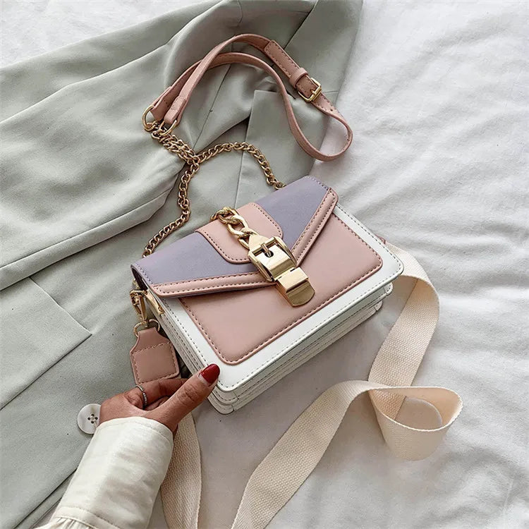 Fashion chain lady Sling bag Panelled color PU Leather Crossbody Bag For Women 2023 new Wide strap Shoulder Messenger Bag Ladies