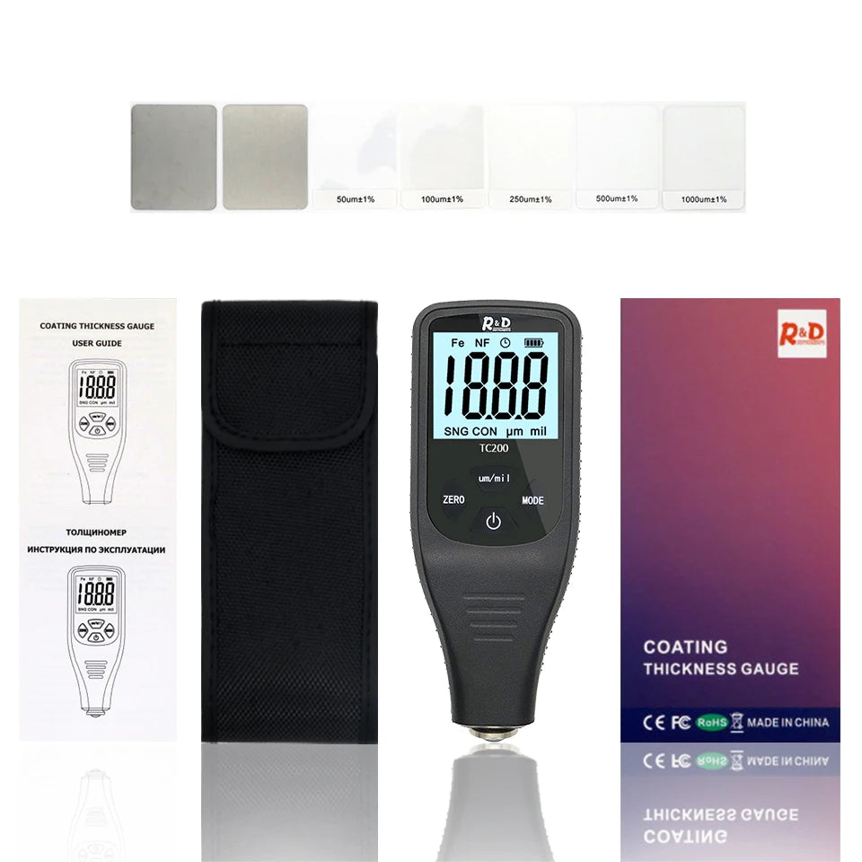 R&D TC200 Coating Thickness Gauge Backlight LCD Film measurement composite Auto Car Paint Thickness Meter withUS RU Manual Fe/NF