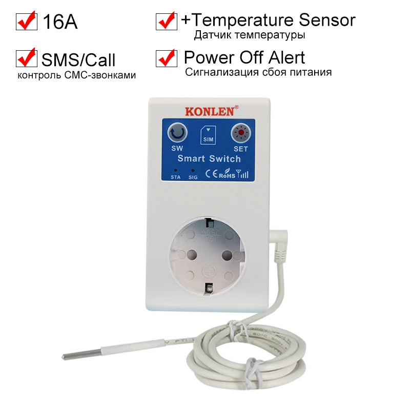 16A GSM SMS Smart Power Socket Outlet Temperature Sensor Controller Plug Intelligent Relay Switch Home Automation Remote Control