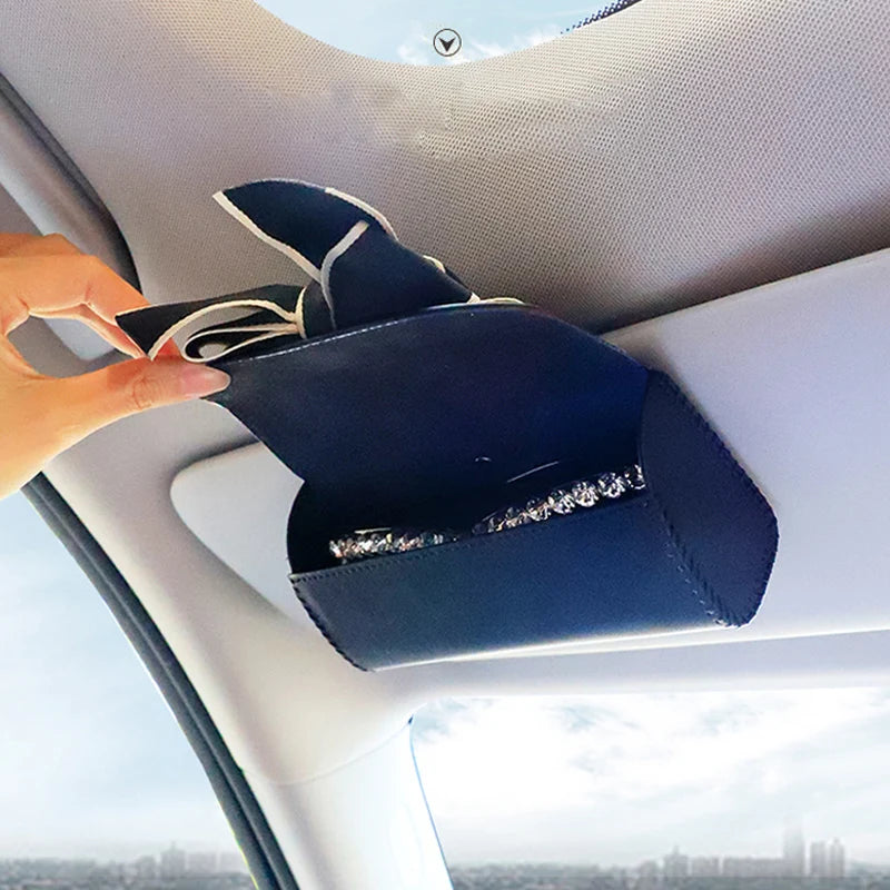 Cute Bowknot Car Glasses Box Universal Leather Sunglasses Case Storage Holder Bag Sunshade Organizer Auto Interior Accessories