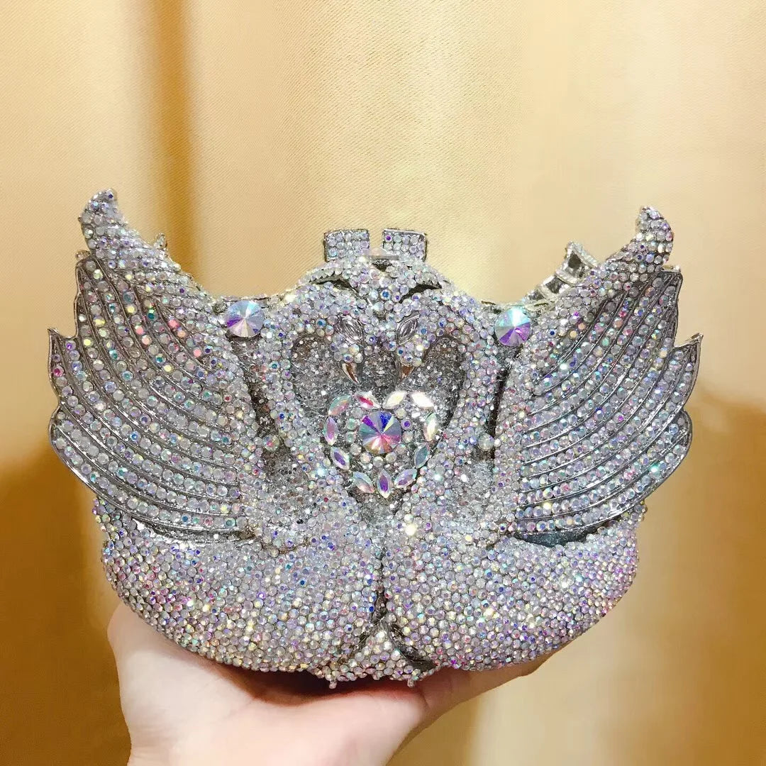 Rhinestone Evening Bag Purses  Purple/Gold  Gold Metal Bag WHTUOHENG Female Diamond Swan Shape Prom Party Purses Phone Clutch