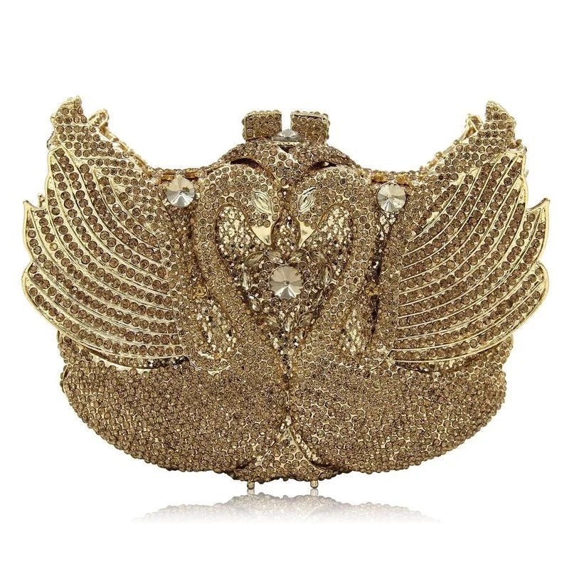 Rhinestone Evening Bag Purses  Purple/Gold  Gold Metal Bag WHTUOHENG Female Diamond Swan Shape Prom Party Purses Phone Clutch