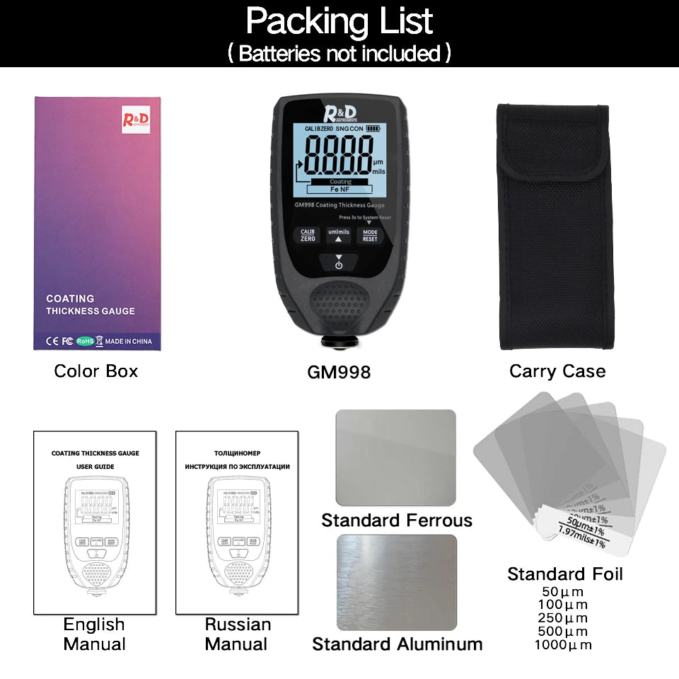 Full Black GM998 Car Paint Coating Thickness Gauge Electroplate Metal Coating Thickness Tester Meter 0-1500um Fe & NFe Probe