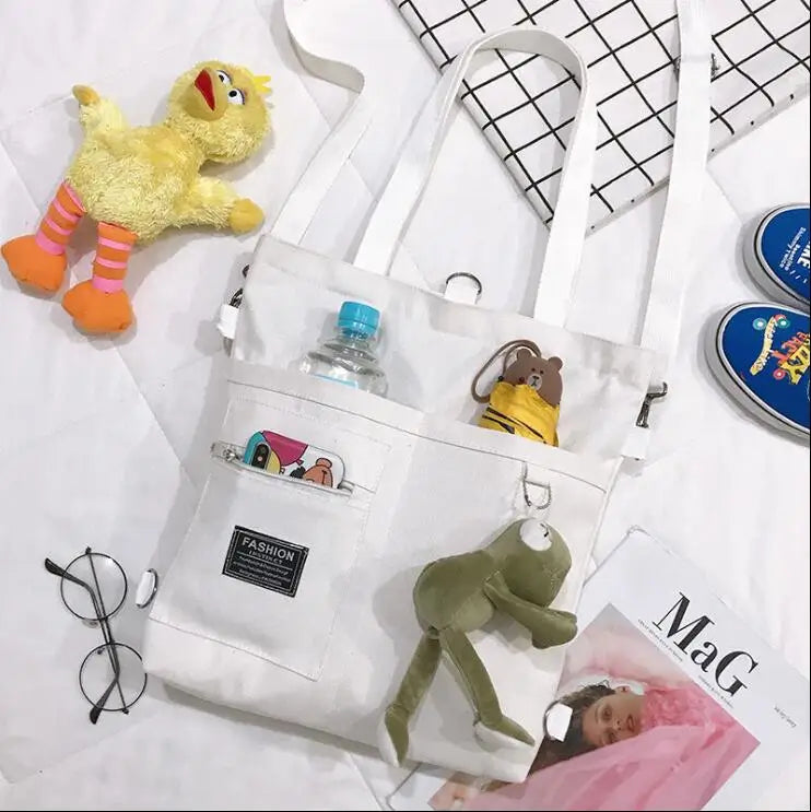 Canvas Women Handbag Shoulder Bags Large Capacity Simple Folding Handbags Tote Shopping Bag with Frog Pendant Book Bags for Girl