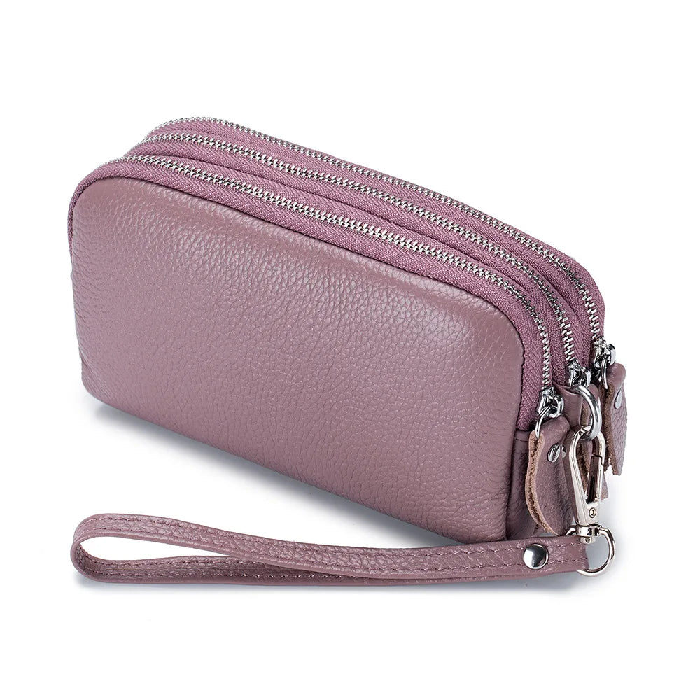 Genuine Leather Women Long Wallet 3-Layer Zipper Clutch Purse Bag 2023 New Large Capacity Wristlet Wallet Phone Bag Money Pocket