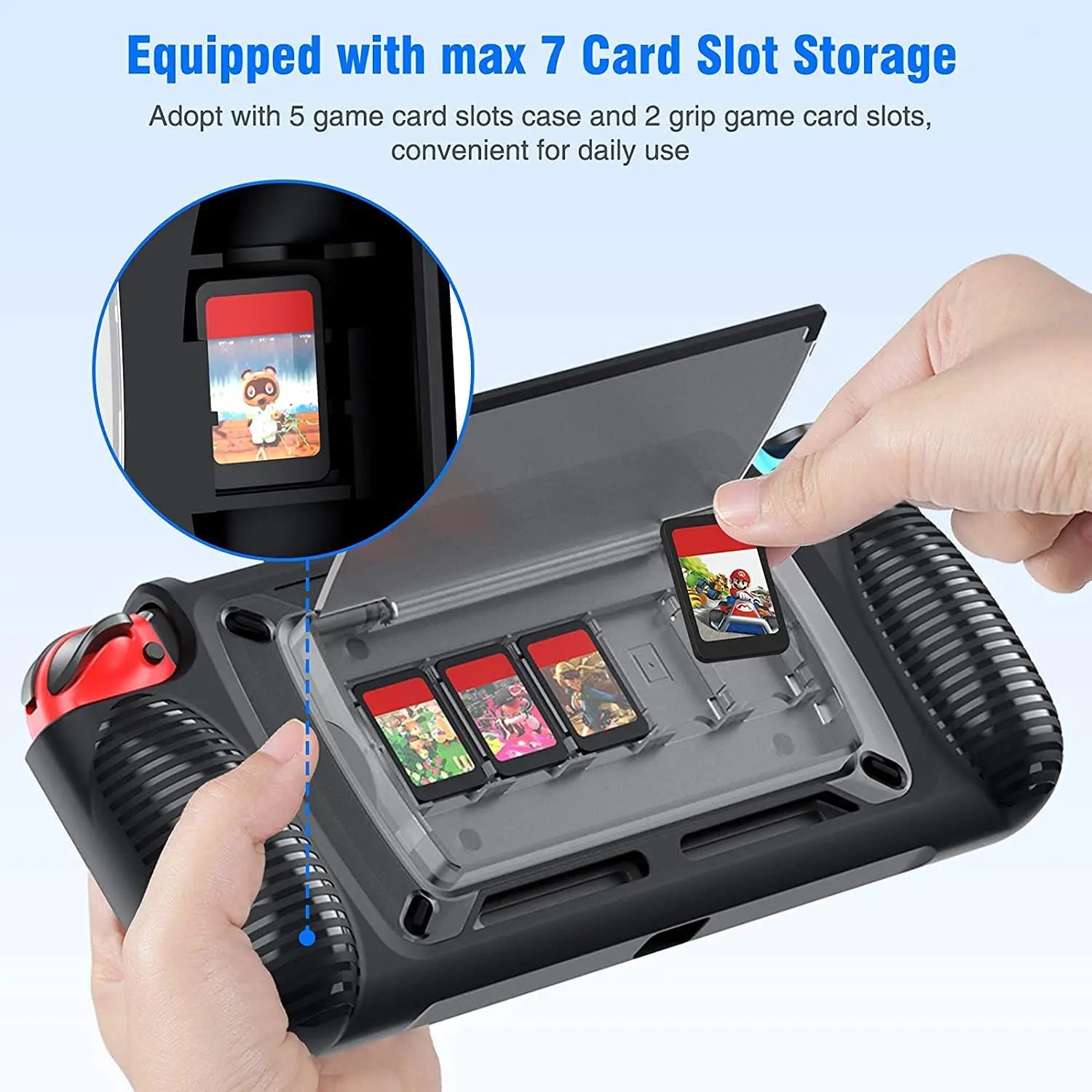 Protective Case for Nintendo Switch Grip Shell with 7 Storage Slots Multi-Angle Adjustable Stand, Handle Cover Shock-Absorption