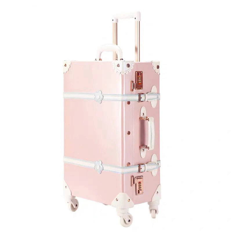 Vintage Luxury Travel Suitcase Set with Handbag PU Leather Trolley Luggage Valise Women Cute Rolling Luggage 20/22/24/26 Inch