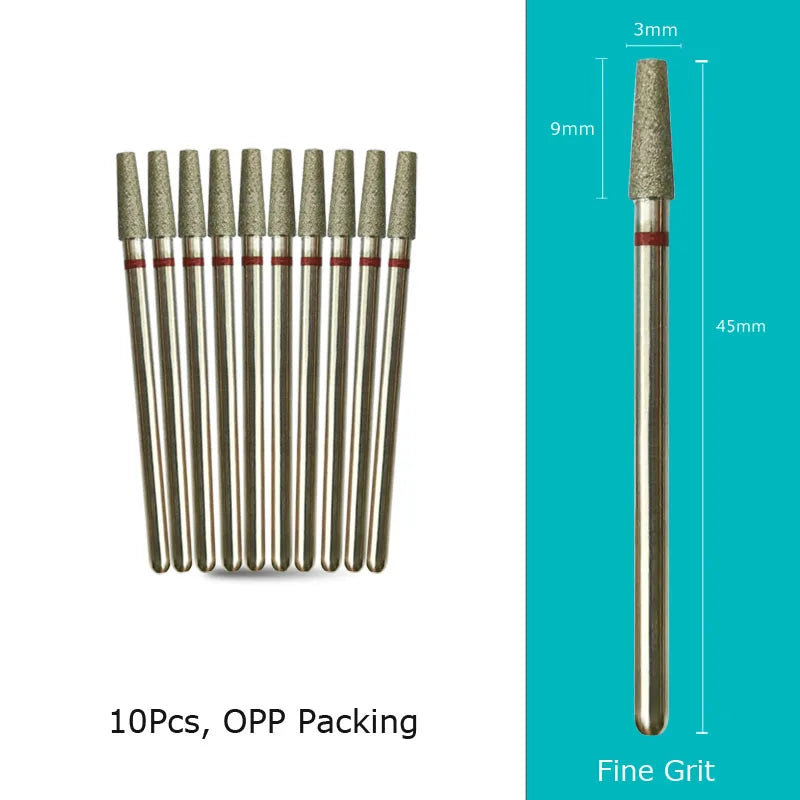 HYTOOS 10pcs/pack 3*9mm Tapered Diamond Cuticle Bit 3/32 Nail Drill Bits Manicure Drills Nails Accessories Tools