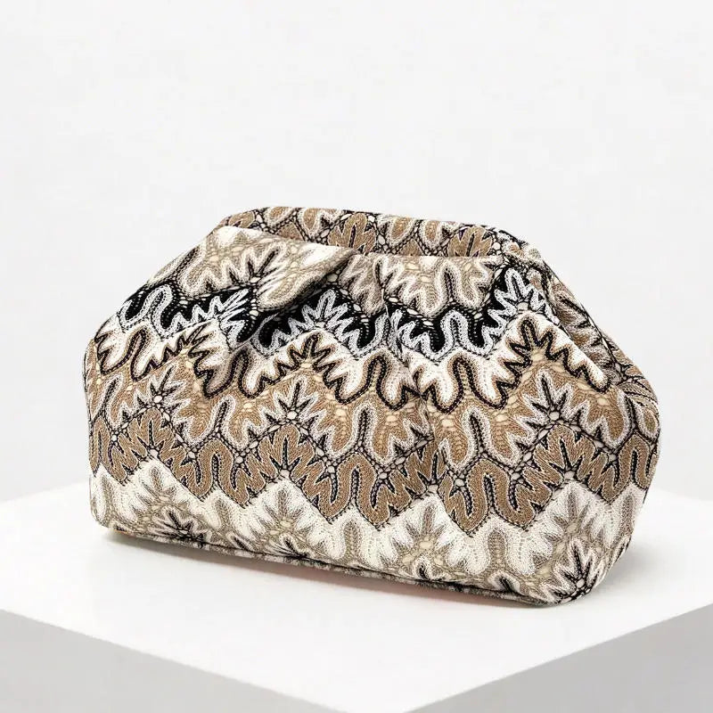 Bohemian Wave Striped Knitted Tote Bag Vintage Geometric Pattern Pleated Cloud Clip Clutch Casual  Elegant Party Evening Bag New