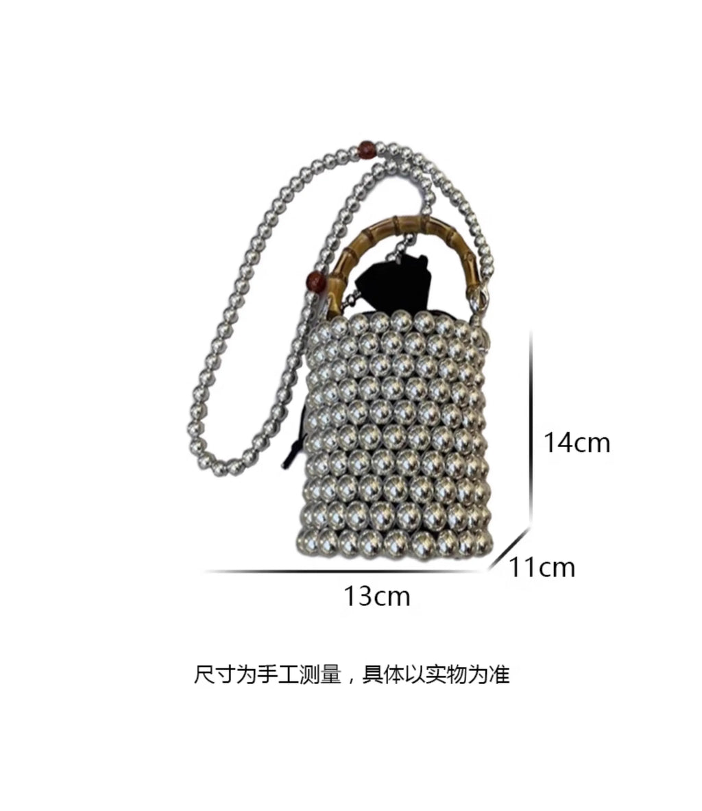 Women Handmde Bead Bag Circular Shape Beading Bucket Bag Bamboo Handle Clutch Wedding Bridal Ladies Handbag Party Evening Bag