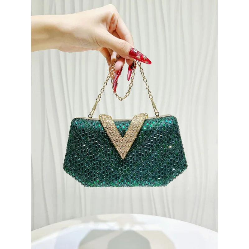 New fashion bag for women, light luxury and high-end evening clutch bag, chain bag, exquisite full-diamond socialite clutch bag