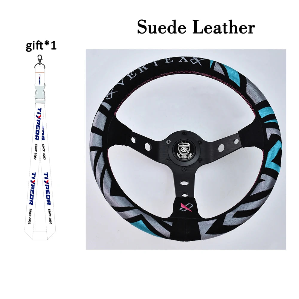 VERTEX Universal Racing Steering Wheel Black Spoke Suede Embroidered Sports Steering Wheel With 6 Holes