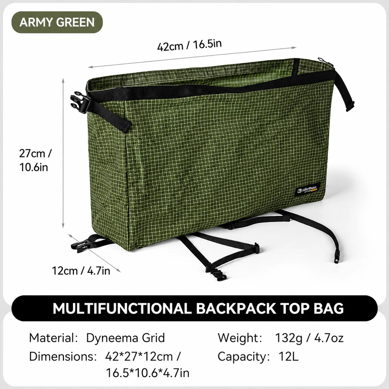 Ultralight 12L Waterproof Dyneema Expansion Pouch Multifunctional Top Lid External Storage Bag for Hiking Mountaineering Camping