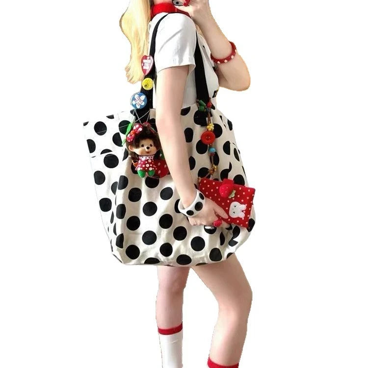 Super Large Capacity Korean Polka Dot Shoulder Bag Retro Fashion Shopping Bag Literary Work Commute Versatile Canvas Handbag Gif