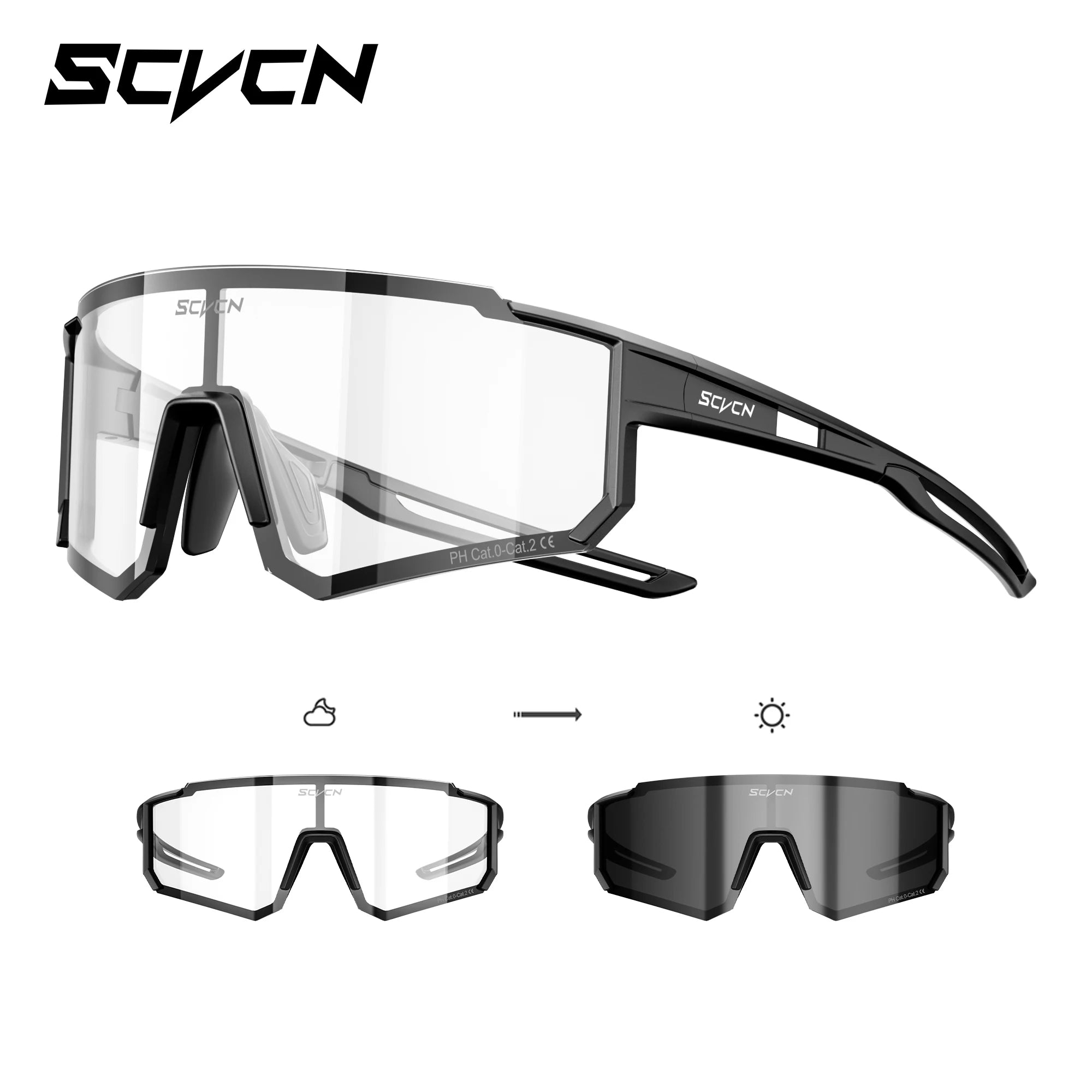 SCVCN UV400 HD Photochromic Hiking Glasses Sports Sunglasses Outdoor Road Fashion Cycling Glasses Windproof MTB Bike Sunglasses