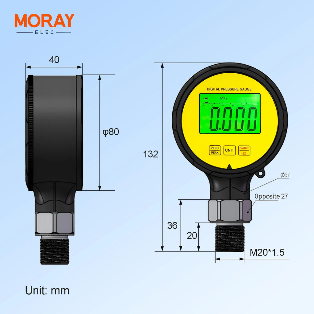Moray ME260P  LCD Accuracy  Rubber Protector Waterproof 1%FS Stainless Steel Digital Pressure Gauge Gas Differential Manometer