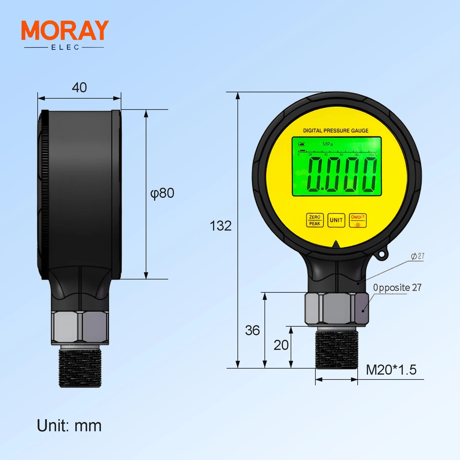Moray ME260P  LCD Accuracy  Rubber Protector Waterproof 1%FS Stainless Steel Digital Pressure Gauge Gas Differential Manometer