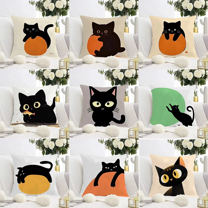 Cute Black Cat Double-sided Printed pillow cover Short plush Suitable living rooms bedrooms sofas throw cushion cover