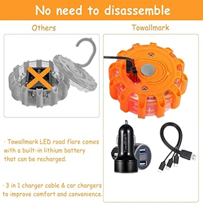 3 Pack Road Flares Emergency Lights Roadside Warning Car Safety Magnetic Beacon Flashing Kit with Hook Carrying Bag Car Charge
