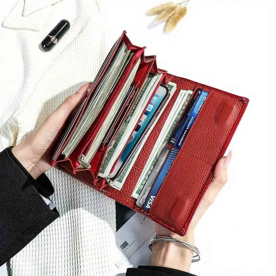New Shiny Leather Cowhide Wallet Women's Long Leather Money Clip Bag, Evening Bag