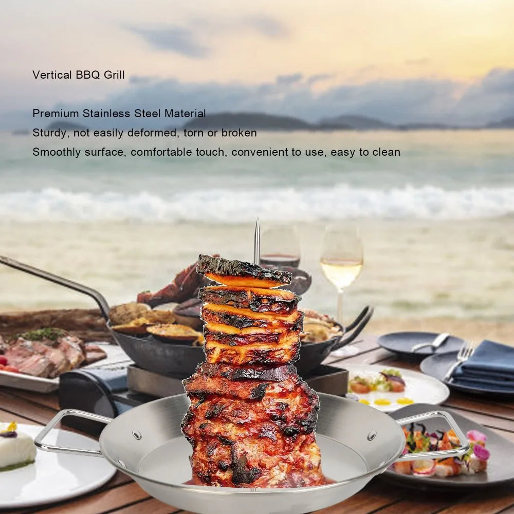 Stainless Steel Vertical Skewer Set Polished Finish Silver Al Pastor Skewer Round Pan Detachable Spikes Roasting Pan Set