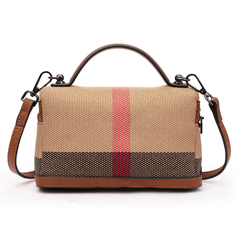 Aidrani  New women's shoulder crossbody mini bag, plaid small square bag, made of canvas and cowhide material