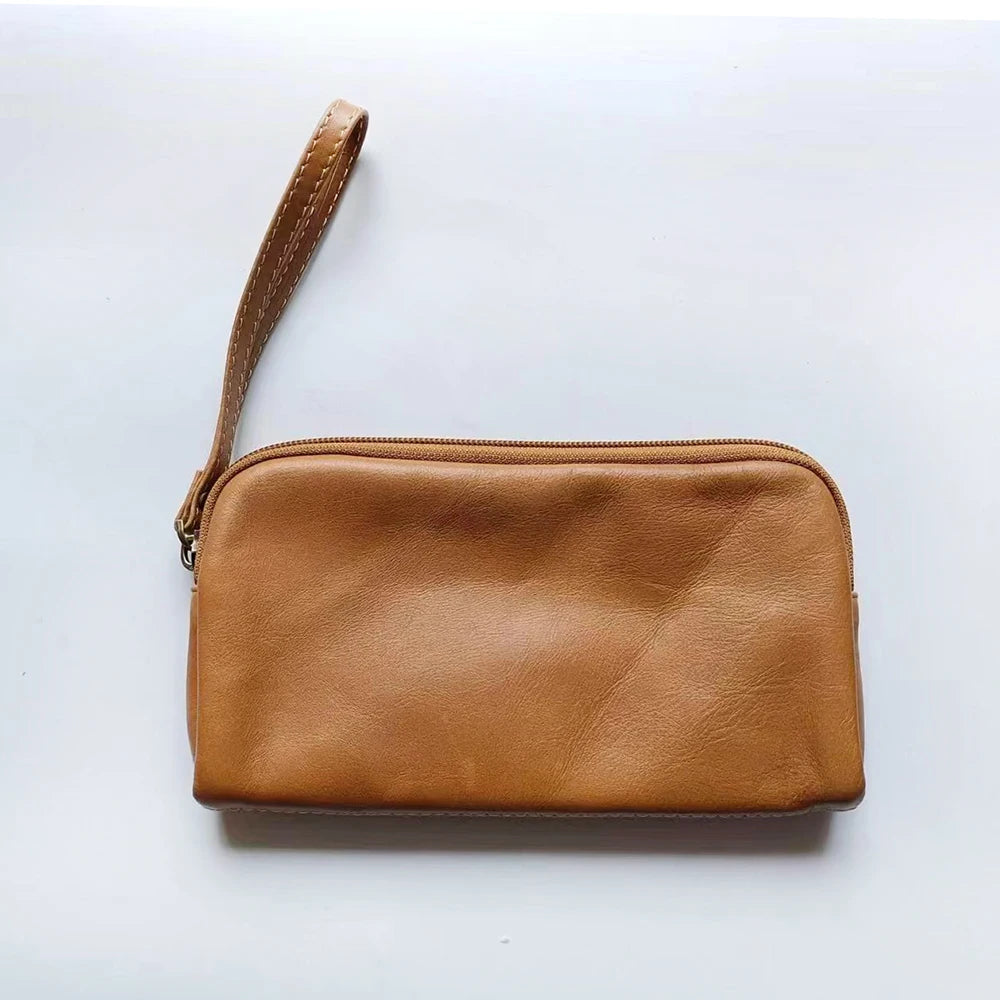 Leisure Cowhide Women Clutch Bag Personalize Letters Genuine Leather Female Wristlet Purse Bag Vintage Pencil Makeup Zip Pouch