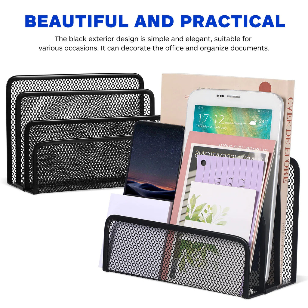 Three-Section Metal Mesh Desk File Holder Upright Document Organizer Desktop File Sorter Letter Brochure Magazine Storage Rack