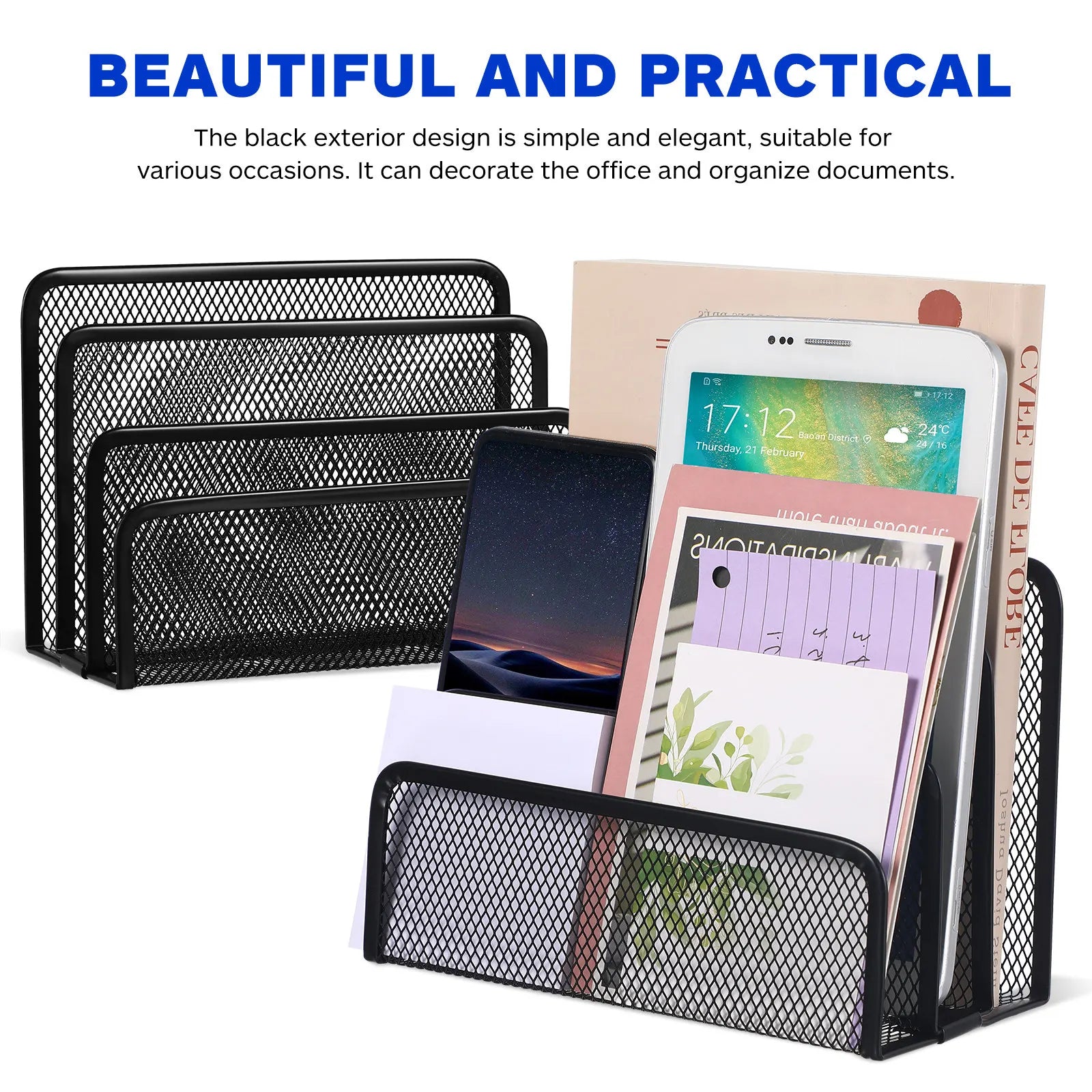 Three-Section Metal Mesh Desk File Holder Upright Document Organizer Desktop File Sorter Letter Brochure Magazine Storage Rack