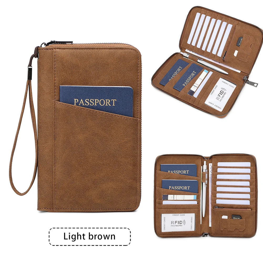 Multi-Functional RFID Blocking Passport Bag Travel Document Holder with Long Zipper Ticket Storage Wallet for Multiple Passports
