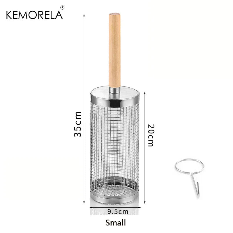 Round Barbecue Grill Basket Set, Stainless Steel Rolling BBQ Cage, Wire Mesh Cylinder Grilling Rack, Outdoor Camping Essential