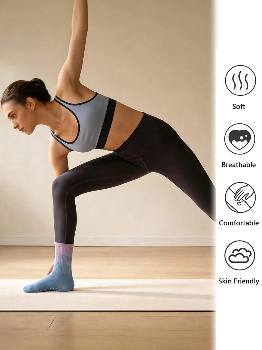 1 pair of women's gradient yoga socks, skipping rope sports socks, indoor non slip floor socks, and mid length socks