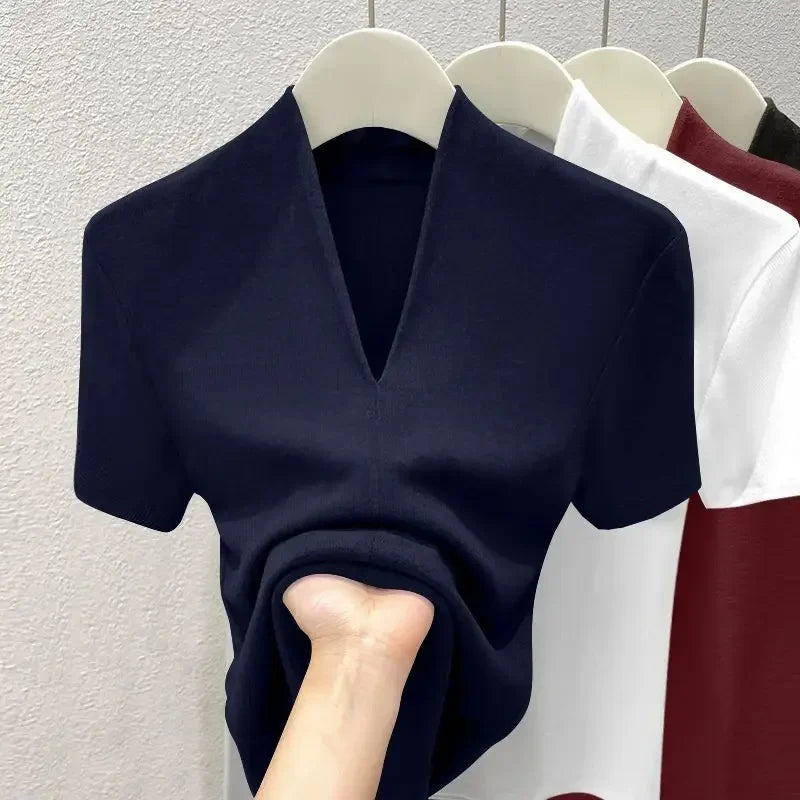 Women Threaded New Summer Short Sleeved Top for Fashion Versatile Base Shirt Plus Size Slim Fit V-neck Casual and Sexy T-shirt