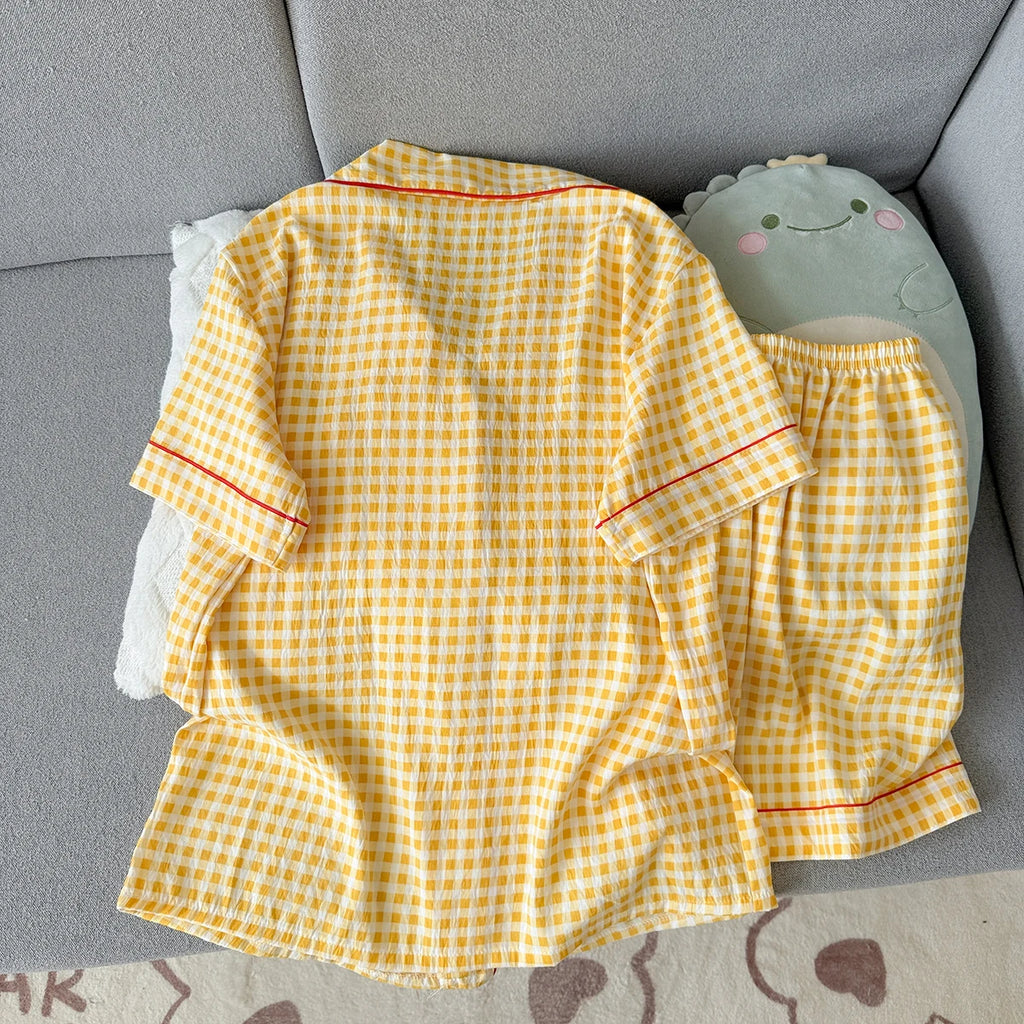 Women's Summer Pajamas, Thin Plaid Pattern Short-Sleeved Shorts, Sweet and Cute, Can Be Worn Outside in Summer, Two-Piece Home Wear Set