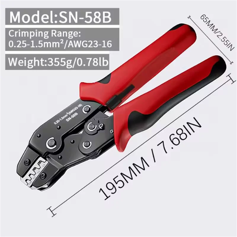 Ratchet Crimping Tool SN-58B Crimp Pliers XH2.54/DuPont2.54/2.8/4.8/6.3/uninsulated/ferrule JST terminals 0.5-1.5mm ²/ AWG23-16