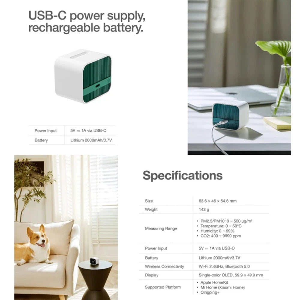 Qingping Air Detector Lite CO2 PM2.5 PM10 Temperature Humidity Monitor Touch Screen Work With Mihome APP Apple HomeKit