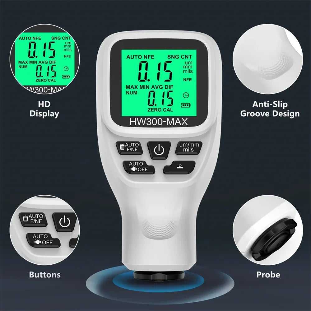 HW-300 Car Paint Film Thickness Tester 0-2000UM Coation Thickness Gauge Automotive Paint DFT Meter Car Coating Measuring Tools