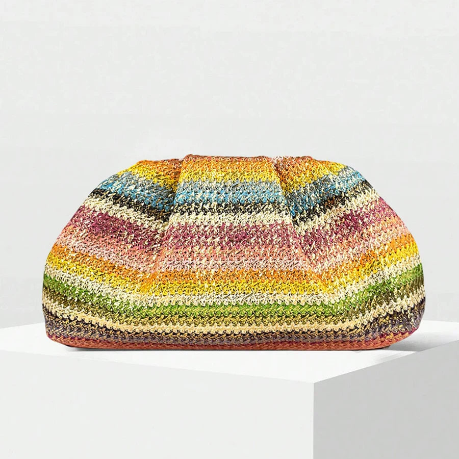 2026 Summer New Rainbow Mixed Color Stripe Knitted Woven Handbags Women Causal Weaving Purse Seaside Vacation Travel Beach Bags