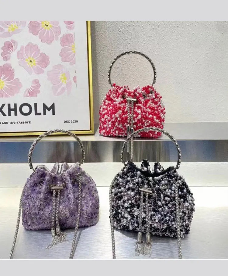 Wedding Party Bucket Purse Metal Ring Handle Women's Handbag Shoulder Messenger Bag
