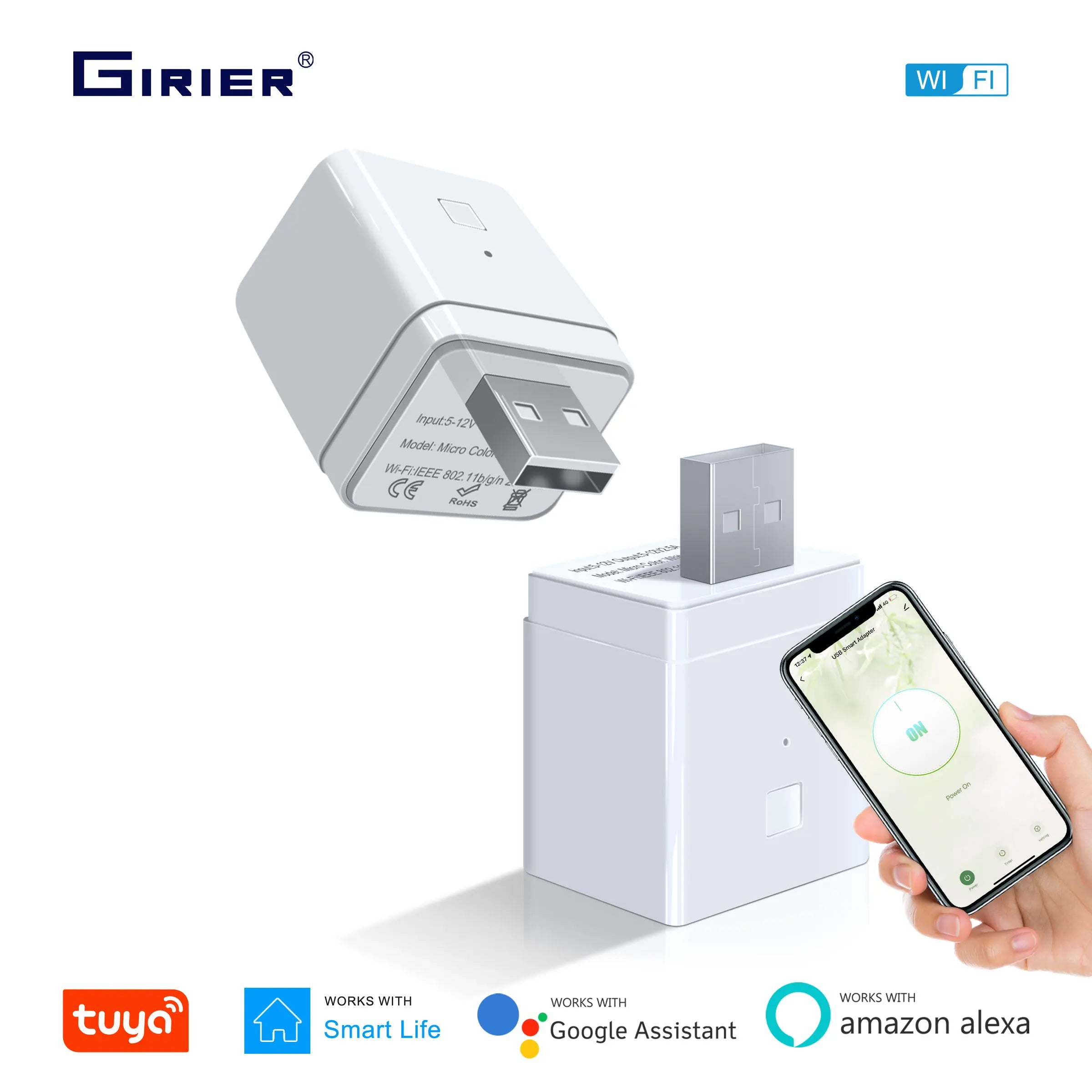 GIRIER Tuya Smart Micro USB Adaptor Switch 5V, WiFi Mini USB Power Adaptor Compatible with Alexa Hey Google for Home Automation
