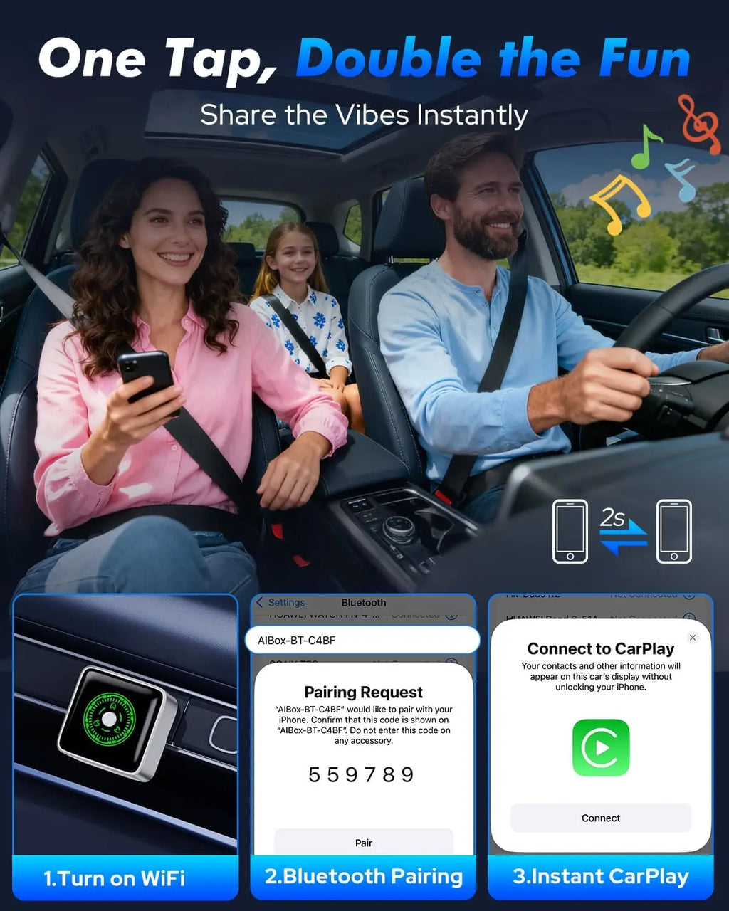 Wireless CarPlay & Android Auto Adapter – 1-Click Multi-Device Switch, Auto Reconnect, Multi-Function Button, OTA Updates, for iOS 10+ & Android 11+