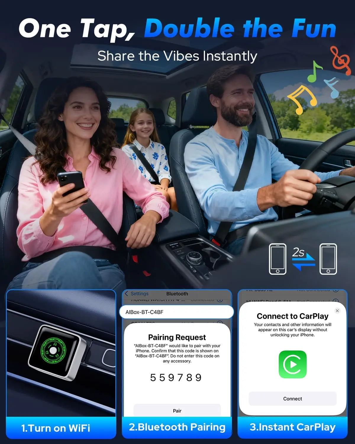 Wireless CarPlay & Android Auto Adapter – 1-Click Multi-Device Switch, Auto Reconnect, Multi-Function Button, OTA Updates, for iOS 10+ & Android 11+