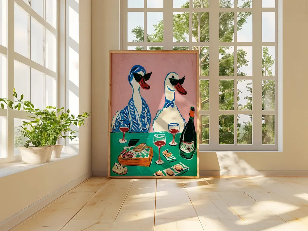 Duck Wine Party Art Print, Quirky Animal Poster, Retro Wall Art with Ducks and Wine, Fun Dining Room or Kitchen Decor