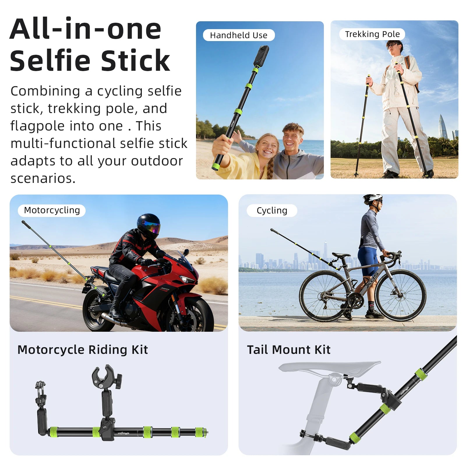 aMagisn Professional Motorcycle Selfie Stick 34-110cm Metal Pole 1/4Thread Trekking Pole Convertible Fits GoPro / DJI / Insta360