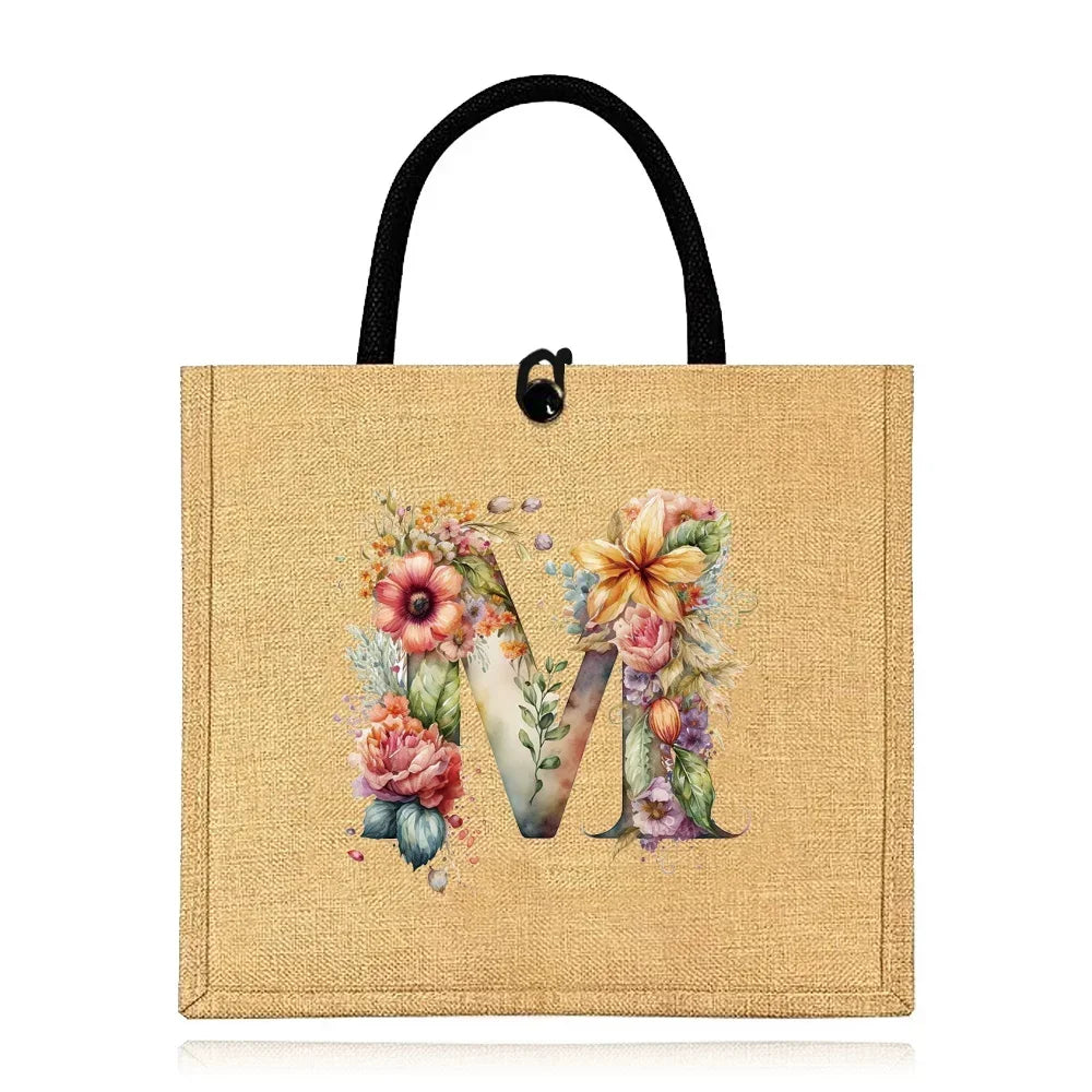 Flax Bag Fastener Handbag Organizer Storage Jute Tote Bags Imitation Cotton Women Valise Portable Floral Letter Printing Series