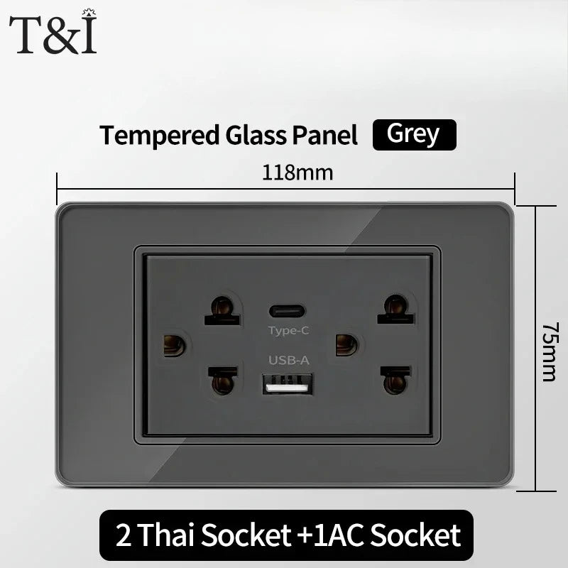 118*75mm TEMPERED GLASS SWITCH PANEL Wall Socket with USB Type - C, Grey US Switch, Thai Plug for Home & Office Use