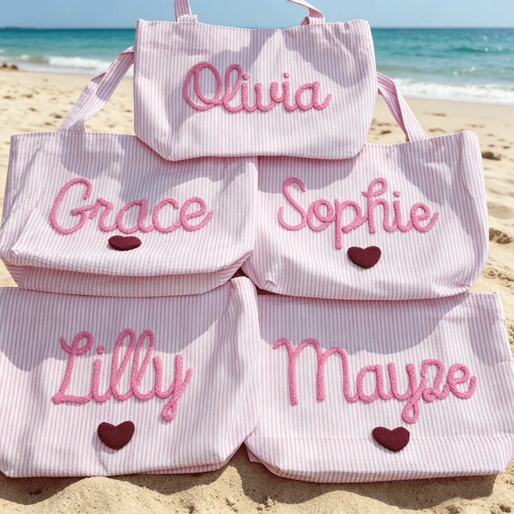 Custom Seersucker Cosmetic Handbag and Travel Organizer — Personalized Chenille Letter Toiletry Bag and Summer Beach Tote