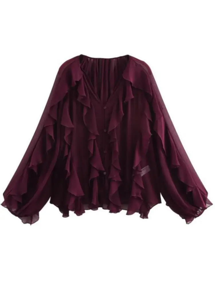 2026 Summer Chic Women's Elegant Loose Long Sleeve Layered Shirts Office Lady Vintage V-neck Translucent Tierred Ruffles Blouses