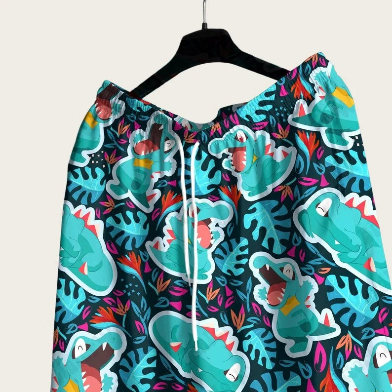 Summer Fashion Men's Totodile Printed Hawaiian Shirt Shorts Set Home Leisure Loose Style Anime Pajama T-shirt Shorts Two Piece