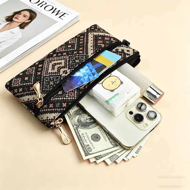 Ethnic Bohemian Chinese Style Womens Long Clutch Wallet Phone Pocket Portable Daily Travel Fashion Storage Hand Purse Accessory